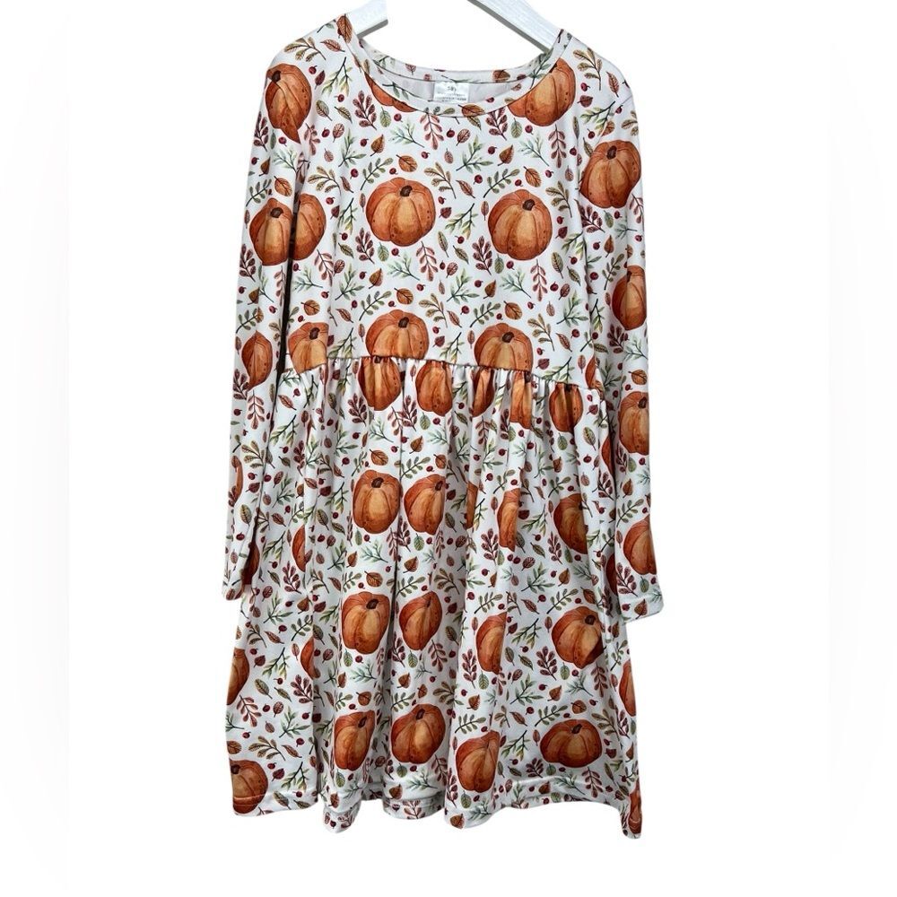Pumpkin Leaf Fall Long Sleeve Twirl Dress Girls 7-8
